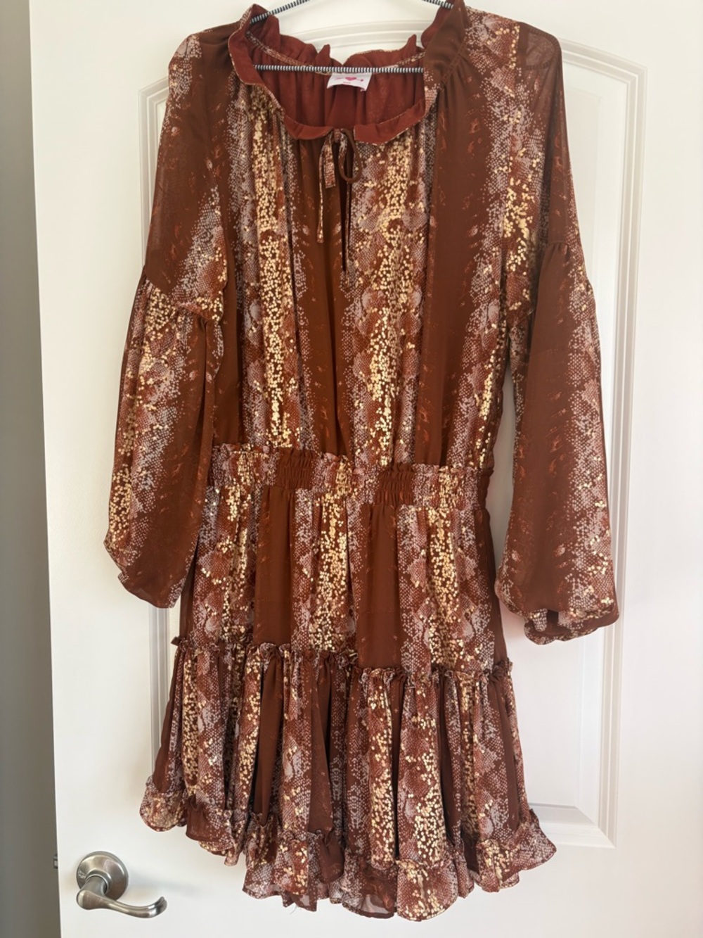 Like New!-Buddy Love Rust Brown Metallic Gold Ruffle Tiered Dress